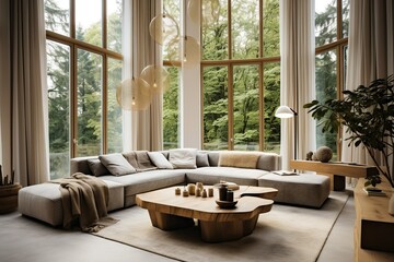 Scandinavian home interior design of modern living room in house in forest, Generative AI - obrazy, fototapety, plakaty
