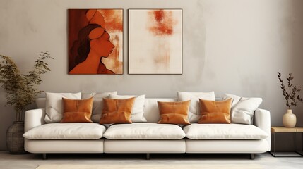 White sofa with terra cotta and beige pillows against concrete wall with art poster. Minimalist style home interior design of modern living room, Generative AI
