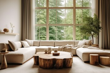 Beige corner sofa and round tree stump coffee table. Minimalist home interior design of modern living room in house in forest, Generative AI