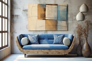  Blue and beige loveseat sofa near window against concrete wall with art poster. Loft home interior design of modern living room, Generative AI - obrazy, fototapety, plakaty