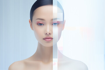Studio Close-Up: Young Woman with Peach Fuzz Makeup Presenting the Modern Vision of Cosmetology Treatment against a White Background