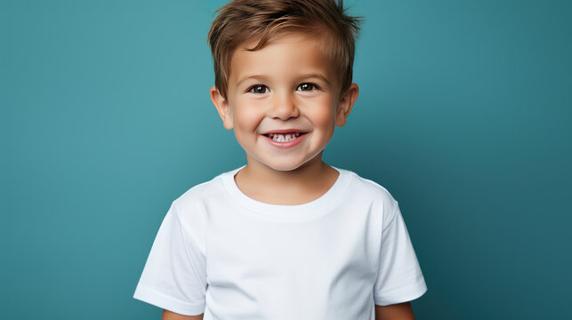 European child 4-5 years old close-up in a white T-shirt without a pattern against the background of a colored wall, mockup for the presentation of a children's product