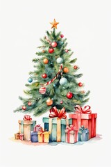 Fototapeta na wymiar Watercolour christmas tree and gift boxes on a white background. Greeting card for Christmas and New Year