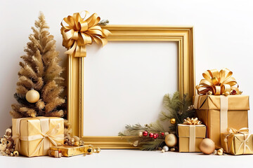 Golden decor christmas tree and gift boxes on a white background. Greeting card for Christmas and New Year with copy space and mock up