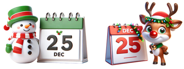 25 December christmas Calendar with Snowman and reindeer on transparent background