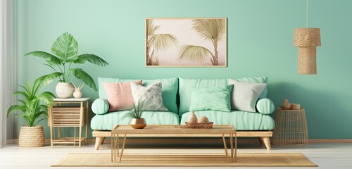 A tropical-themed living room with bamboo furniture, pastel cushions, and a mint-green wall, featuring an empty frame on a white wall