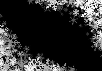 Christmas background with falling snowflakes. Winter holiday background or frame with pattern of layered snow.