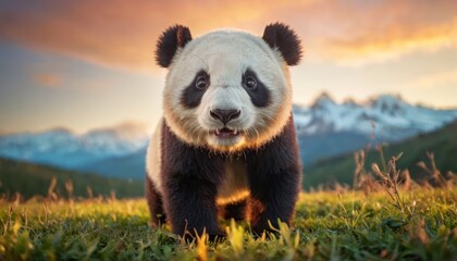  a large panda bear standing on top of a lush green field next to a mountain covered in snow covered mountains in the distance is a pink and blue sky with white clouds.