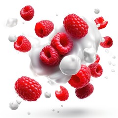 raspberries on white background, raspberries isolated on white background, raspberries in milk...