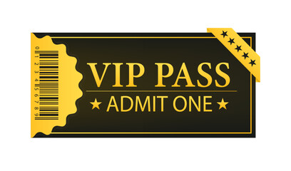 Gold ticket VIP pass, admit one for concert, party, cinema, theatre with golden text, letters and barcode. White background for advertising, promotion, banner, poster. Vector illustration - obrazy, fototapety, plakaty