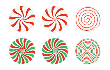 Set of red and green candies caramel, Lollipop. Striped candy unwrapped on a white background. Vector design element for Christmas, New year, winter holiday, dessert, new year's. Vector illustration