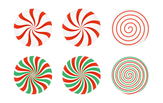 Set of red and green candies caramel, Lollipop. Striped candy unwrapped on a white background. Vector design element for Christmas, New year, winter holiday, dessert, new year's. Vector illustration