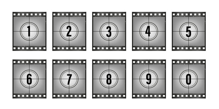 Set a classic film countdown frame at the number one, two, three, four, five, six, seven, eight and nine. Film countdown sign. Movie timer count symbol. Retro cinema strip. Vector illustration