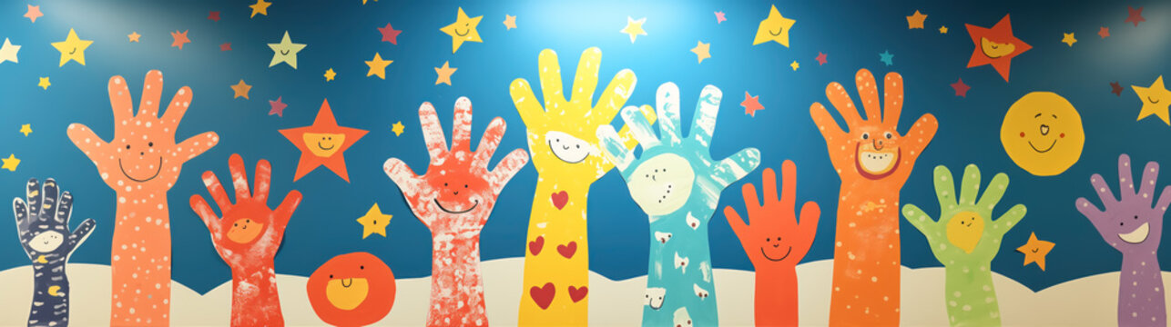 children drawing and application of hands, happiness and friendship concept