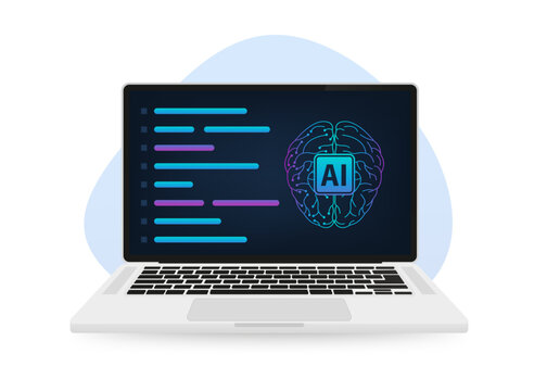 A laptop with screen writing coding and artificial intelligence brain processor development, electronic circuit computer technology concept, behind the scene of ai and robotic. Vector illustration