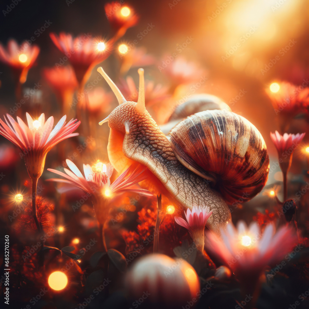 Poster a close up of a snail in a field of flowers with lights on its. ai generative