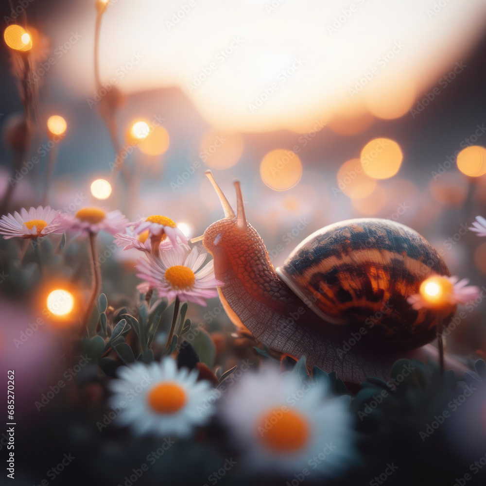 Poster a close up of a snail in a field of flowers with lights on its. ai generative