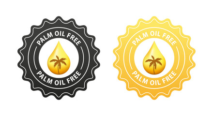 Palm oil free sign - crossed out palm branch insida oil drop - marking for unavailability of harmful food ingredient - isolated vector emblem. Palm branch and oil drop. Vector illustration
