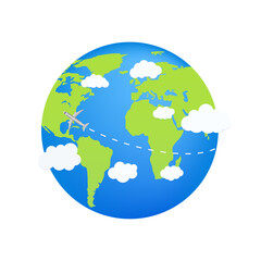 Plane flying over the world isolated on white background. Travel concept. World map designed as an Earth globe icon with flat color style. Vector illustration
