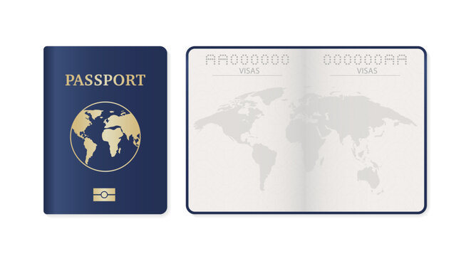 Passport cover with map. Passport pages. Realistic detailed 3d passport with open page, isolated on white background. International identity document. Front page design. Vector illustration