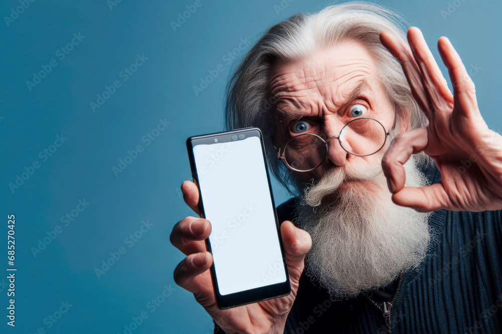 Poster old man with strange facial expressions shows a phone to mocks with a white screen on a blue backgro