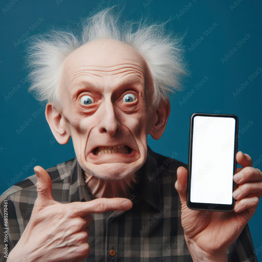 Poster old man with strange facial expressions shows a phone to mocks with a white screen on a blue backgro