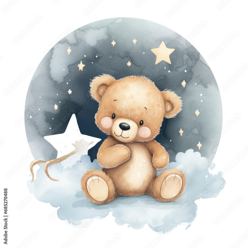 Wall mural watercolor illustration brown teddy bear on the cloud, moon, png