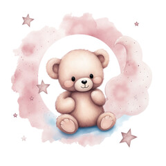 Watercolor illustration brown teddy bear on the cloud, moon, png