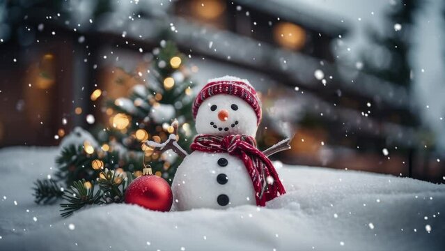 little snowman and Christmas tree on the snow with Christmas decoration and lightning in the winter. Winter holiday background. snowman with hat and scarf. snowy landscape in the forest 4K loop