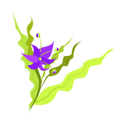 Fantasy bright flower with eyes. Vector drawing, flat style. Purple petals, green leaves