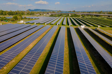 Sun power solar panel field in Thailand in the evening light, Solar panels system green energy power generators from the sun. Energy Transition in Chonburi Thailand