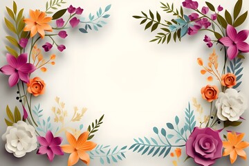 Flora in paper cut style frame border. Flower background.