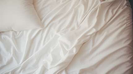 Top view of sheets and pillows. White linens. Bed texture. Generated AI