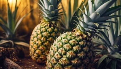  a group of pineapples sitting next to each other on top of a pile of dirt next to a forest of pineapples with a yellow wall in the background.