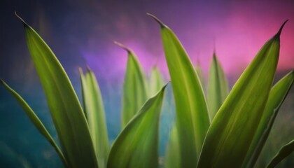  a close up of a green plant with purple and blue sky in the background and a blurry photo of grass in the foreground with a pink and blue sky in the background.