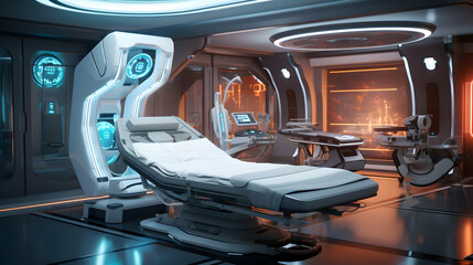 Sci fi futuristic interior of a medical bay with treatment bed and various healthcare,Generative Ai