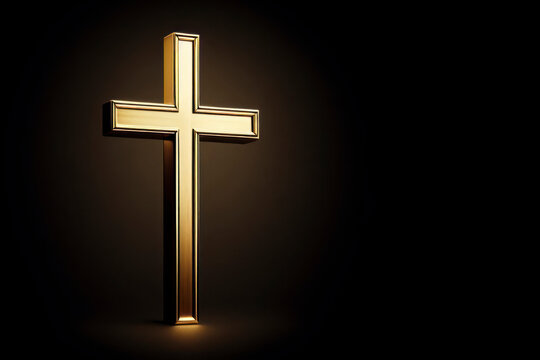 Christian symbol - golden cross isolated on black background. ai generative