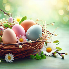 easter background - easter eggs with some twigs and flowers as decoration against green bokeh background. ai generative