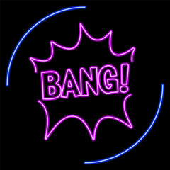 bang neon sign, modern glowing banner design, colorful modern design trends on black background. Vector illustration.