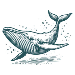 Blue whale vector illustration. Big wave and sea fish in vintage style. Jumping in the ocean humpback whale, Generative AI