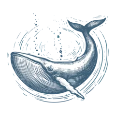 Muurstickers Blue whale vector illustration. Big wave and sea fish in vintage style. Jumping in the ocean humpback whale, Generative AI © Tanvir