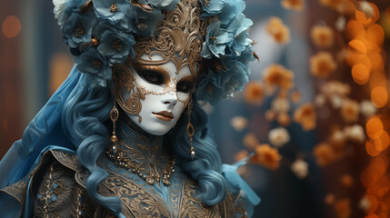 Mujer disfrazada carnaval de Venecia, azules blancos y dorados, flores naranjas, close-up de...