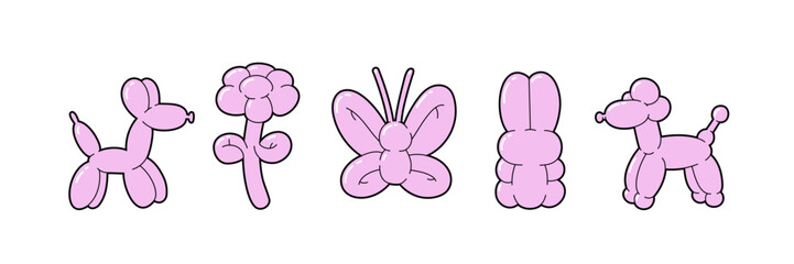 Balloon animals collection and bubble sticker. Dog flower butterfly bunny poodle in trendy retro y2k style.