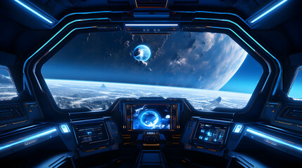 Obraz na płótnie Canvas Spaceship cockpit interior, spacecraft control room, generative AI. Inside futuristic shuttle,Generative Ai