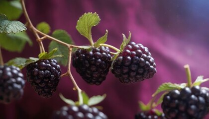 Fototapeta premium a close up of a bunch of blackberries hanging from a branch with green leaves on a purple background with a blurry image of a purple cloth in the background.