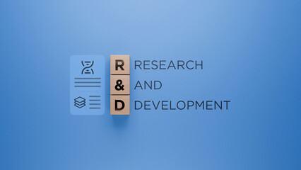 Wooden blocks with R&D acronym, research and development concept, innovation in science and...