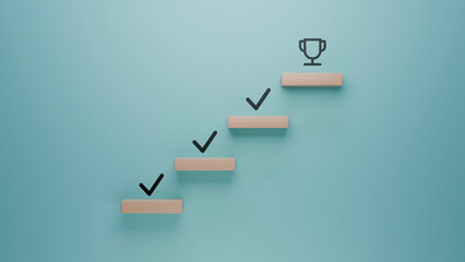 Sequential progress and milestone accomplishment concept, wooden steps with checkmarks symbolizing task completion, ascending towards goal achievement in a structured approach on teal background