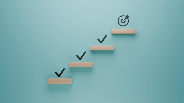 Sequential progress and milestone accomplishment concept, wooden steps with checkmarks symbolizing task completion, ascending towards goal achievement in a structured approach on teal background