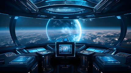 Spaceship cockpit interior, spacecraft control room, generative AI. Inside futuristic shuttle,Generative Ai