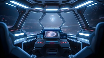 Spaceship cockpit interior, spacecraft control room, generative AI. Inside futuristic shuttle,Generative Ai